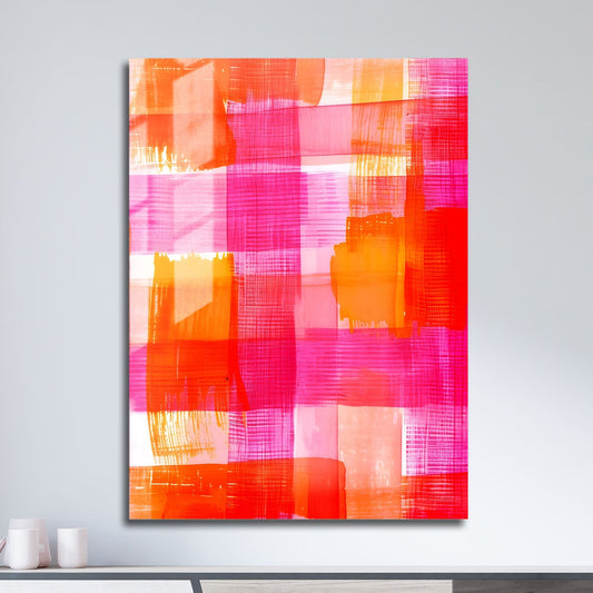 Wes Co Gallery Metal Poster Pink Orange Abstract Checkered Pattern 11" x 17" Home Goods - Preppy Border or edge to edge Metal Art Print