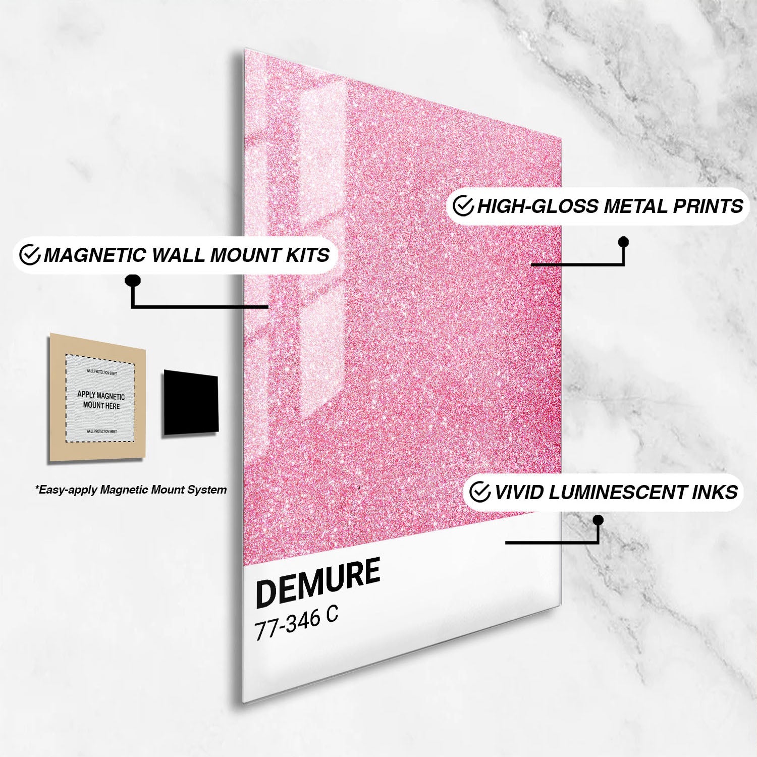 Wes Co Gallery Metal Poster Demure Pink Glitter 16" x 24" Home Goods - Preppy Border or edge to edge Metal Art Print