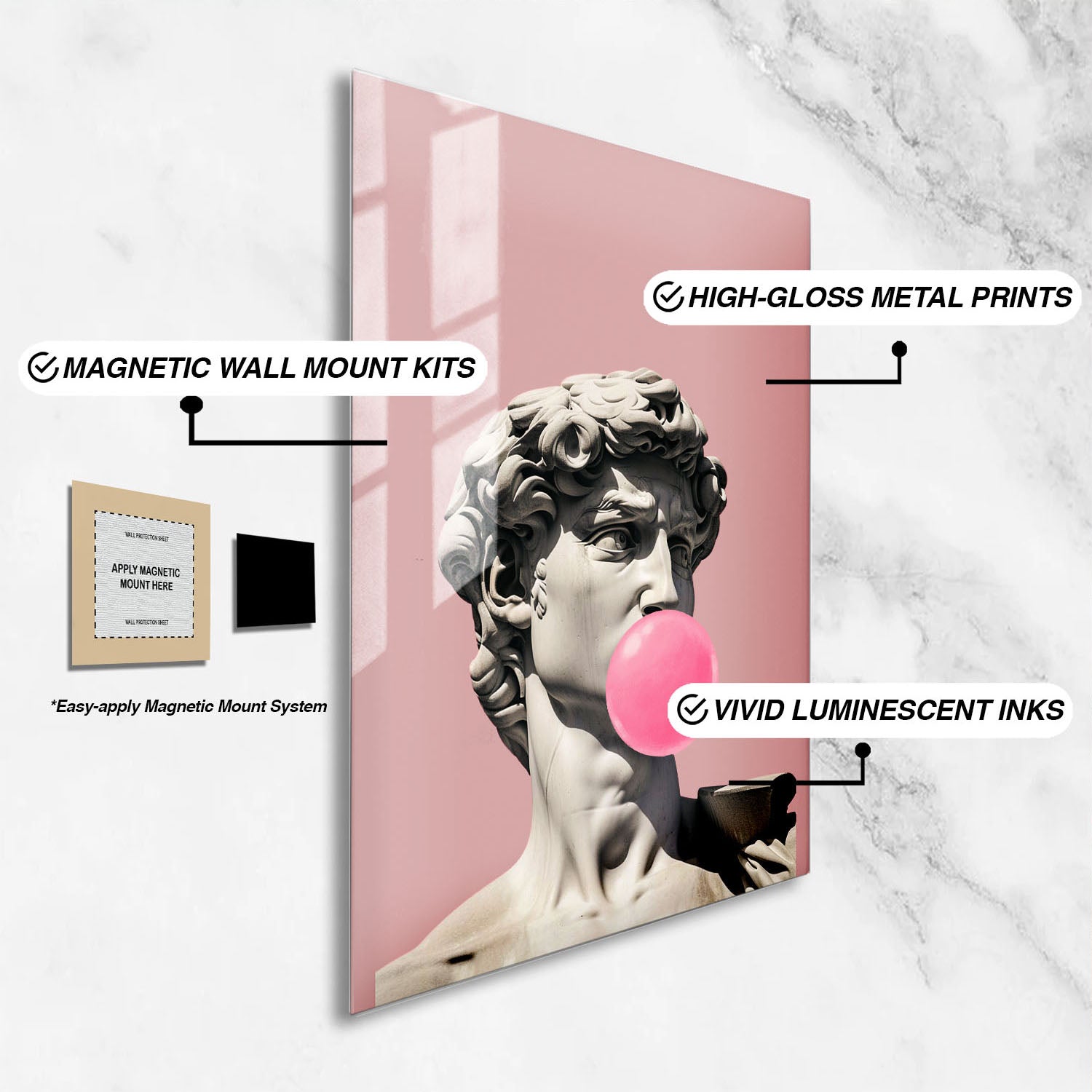 Wes Co Gallery Metal Poster Michelangelo David Bubblegum 16" x 24" Home Goods - Preppy Border or edge to edge Metal Art Print