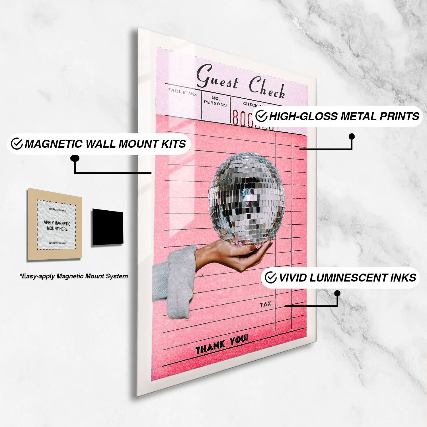 Wes Co Gallery Metal Poster Guest Check Disco Ball Hand 16" x 24" Home Goods - Preppy Border or edge to edge Metal Art Print