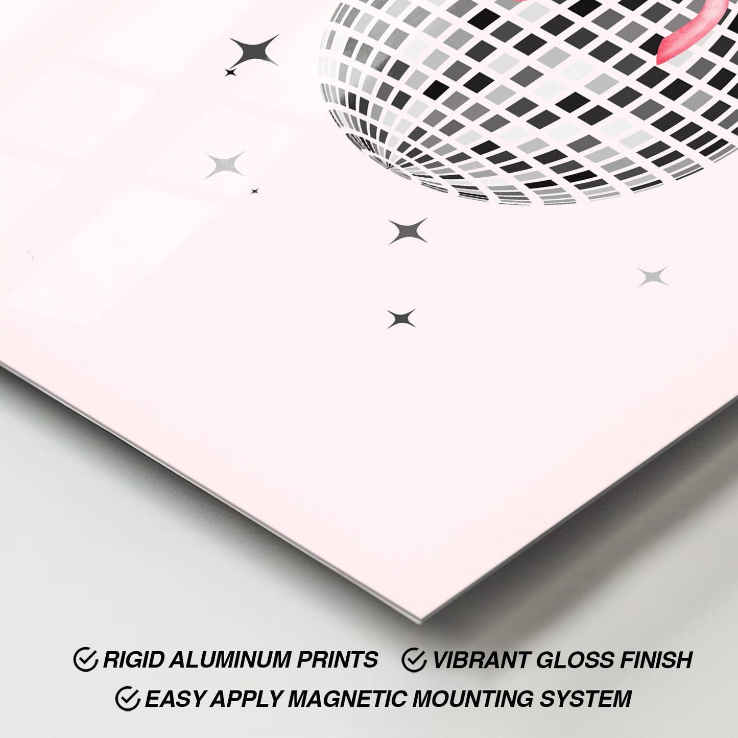 Wes Co Gallery Metal Poster Disco Ball Pink Bow 11" x 17" Home Goods - Preppy Border or edge to edge Metal Art Print