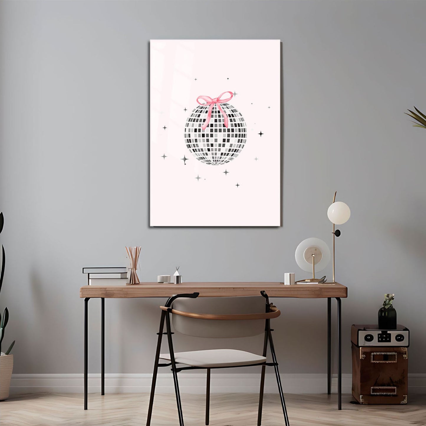 Wes Co Gallery Metal Poster Disco Ball Pink Bow 11" x 17" Home Goods - Preppy Border or edge to edge Metal Art Print