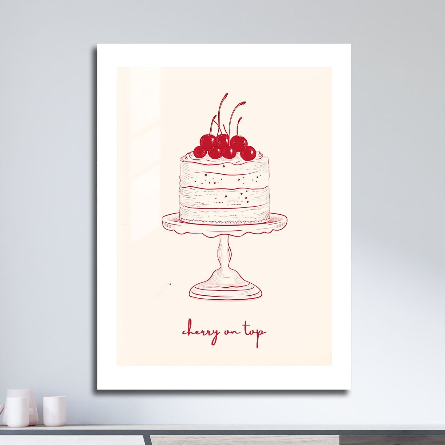 Wes Co Gallery Metal Poster Cherry Cake Illustration 16" x 24" Home Goods - Preppy Border or edge to edge Metal Art Print