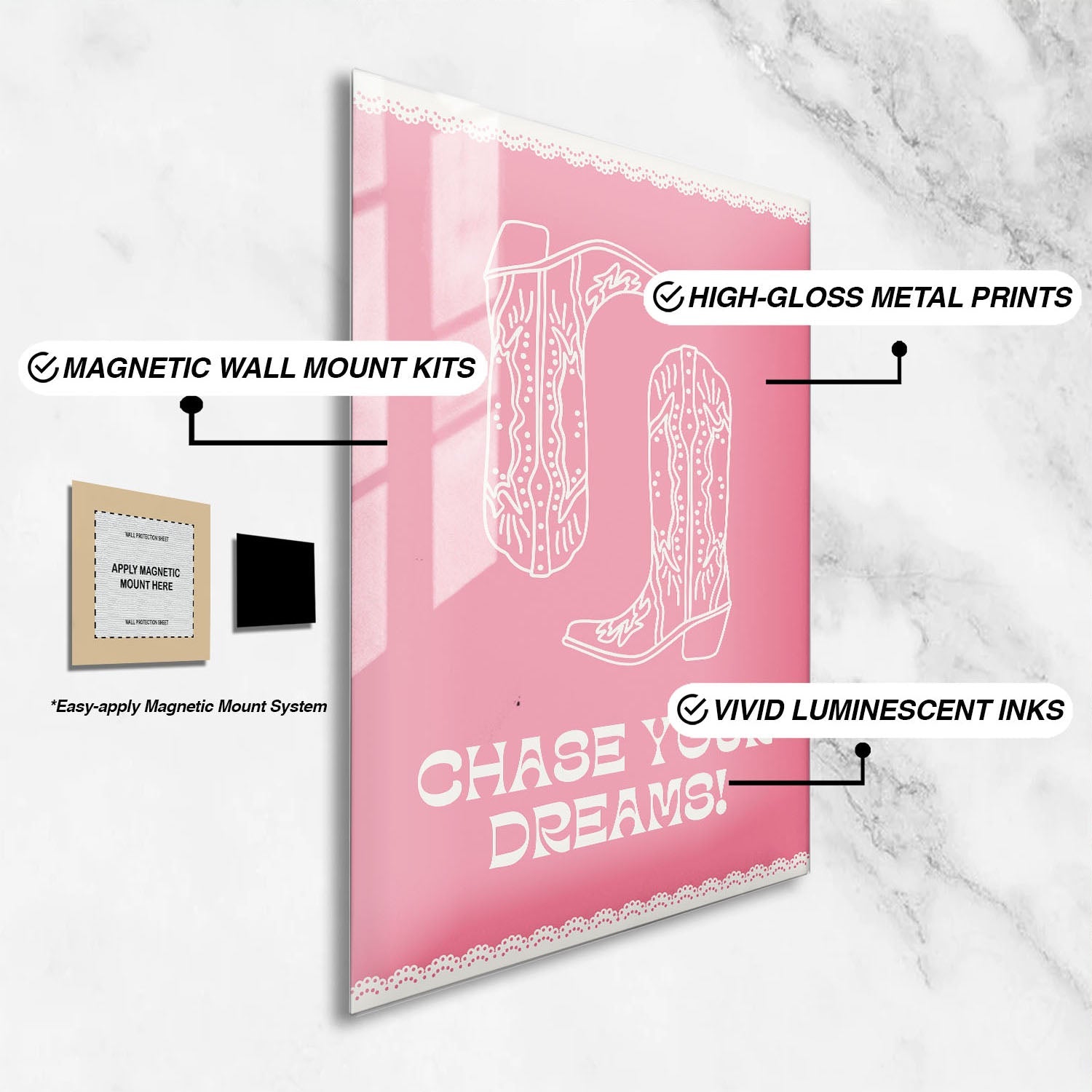 Wes Co Gallery Metal Poster Chase Your Dreams Boots 16" x 24" Home Goods - Preppy Border or edge to edge Metal Art Print