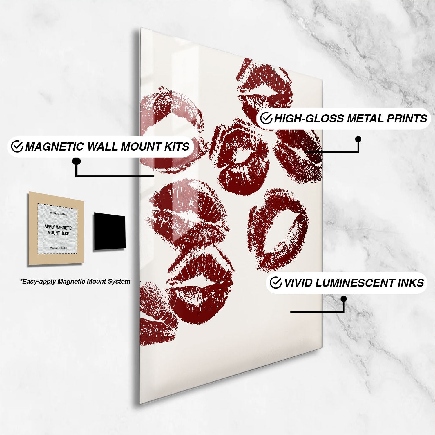 Wes Co Gallery Metal Poster Red Lip Kisses 16" x 24" Home Goods - Preppy Border or edge to edge Metal Art Print