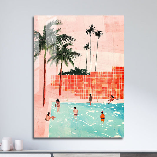 Wes Co Gallery Metal Poster Palm Poolside Gathering 11" x 17" Home Goods - Summer Border or edge to edge Metal Art Print