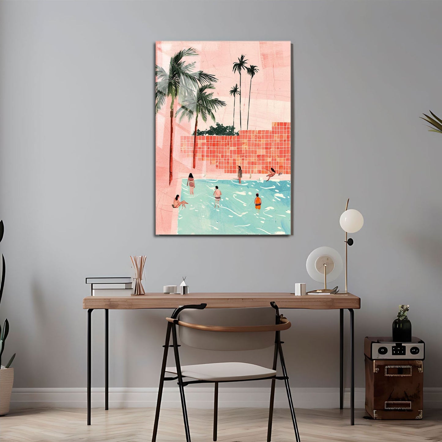 Wes Co Gallery Metal Poster Palm Poolside Gathering 11" x 17" Home Goods - Summer Border or edge to edge Metal Art Print