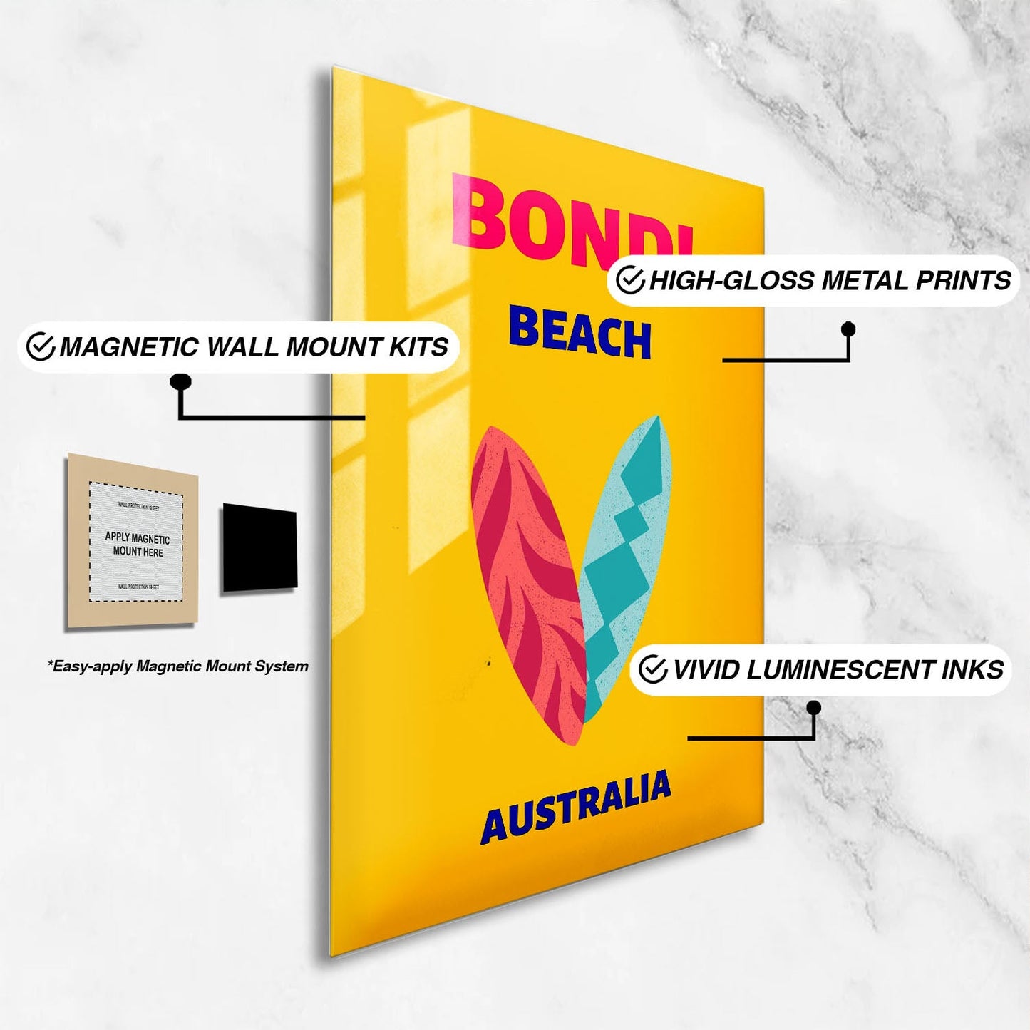 Wes Co Gallery Metal Poster Bondi Beach Yellow Australia Colorful Travel 24" x 36" Home Goods - Travel Illustrations Edge to edge Metal Art Print