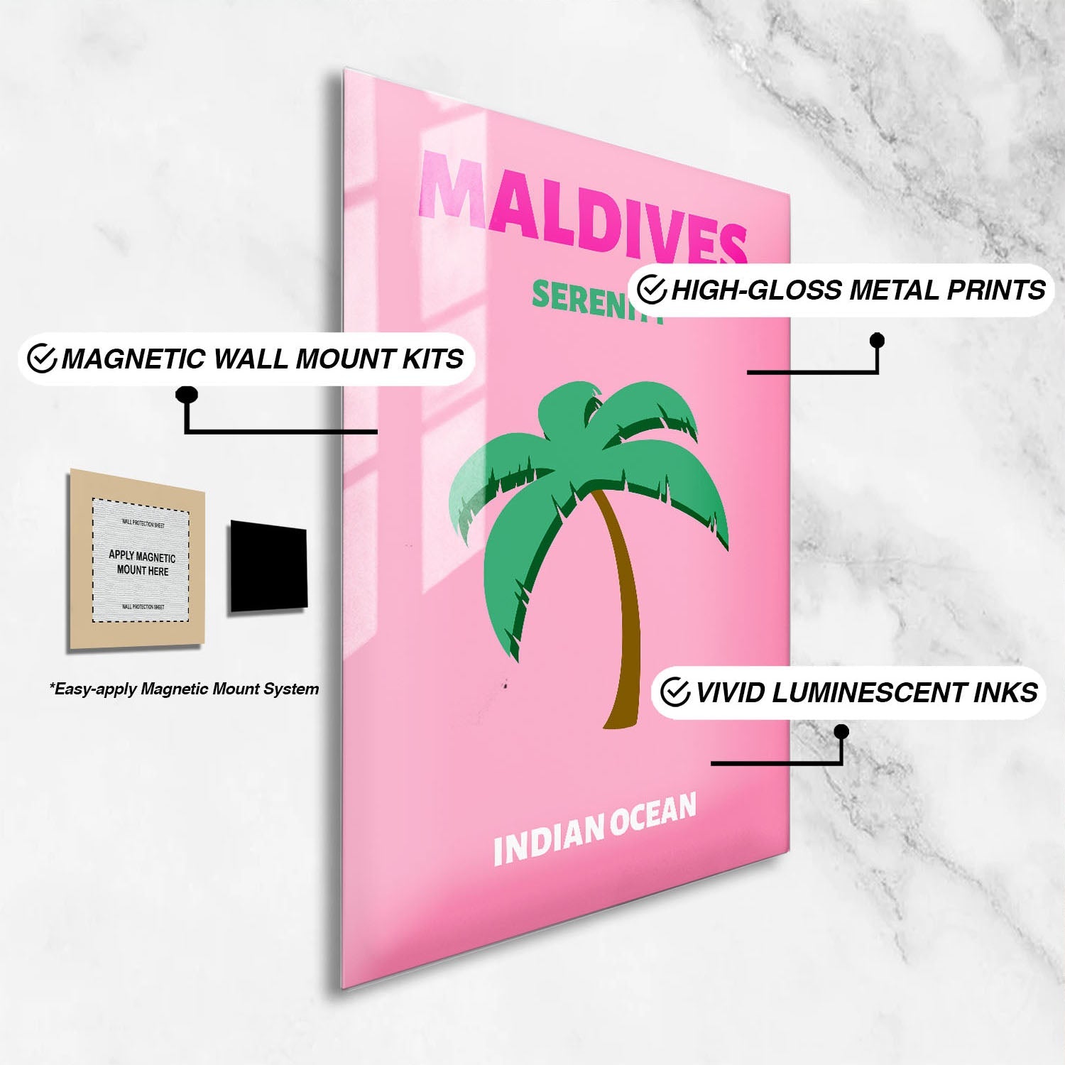 Wes Co Gallery Metal Poster Maldives Pink Colorful Travel 24" x 36" Home Goods - Travel Illustrations Edge to edge Metal Art Print