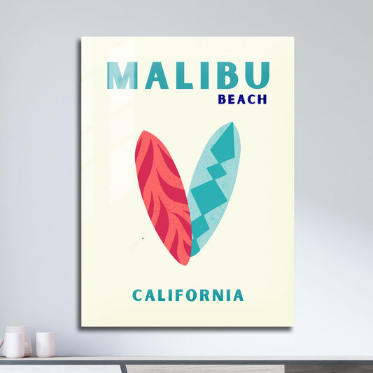 Wes Co Gallery Metal Poster Malibu Beach California Colorful Travel 11" x 17" Home Goods - Travel Illustrations Edge to edge Metal Art Print