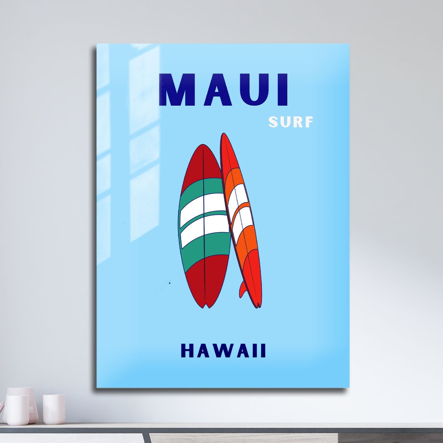 Wes Co Gallery Metal Poster Maui Surfboard Hawaii Colorful Travel 11" x 17" Home Goods - Travel Illustrations Edge to edge Metal Art Print