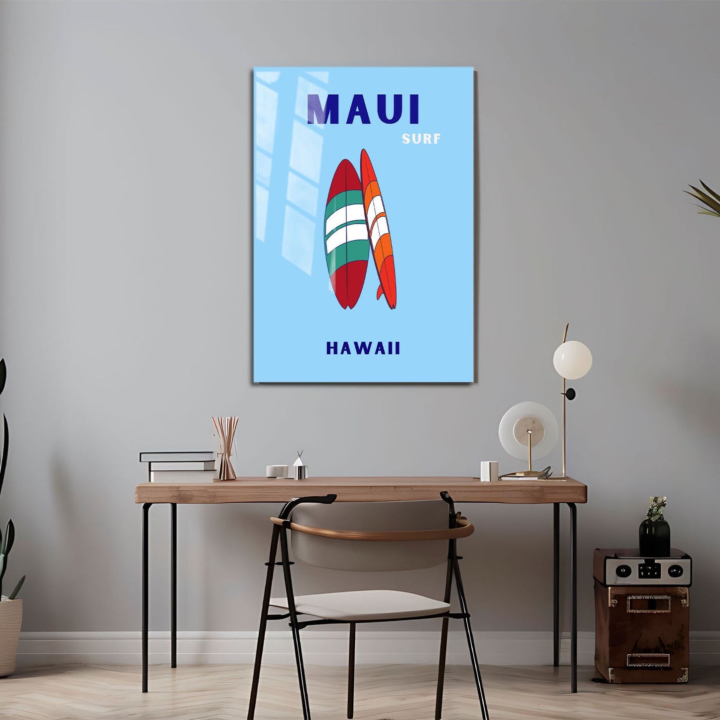 Wes Co Gallery Metal Poster Maui Surfboard Hawaii Colorful Travel 24" x 36" Home Goods - Travel Illustrations Edge to edge Metal Art Print