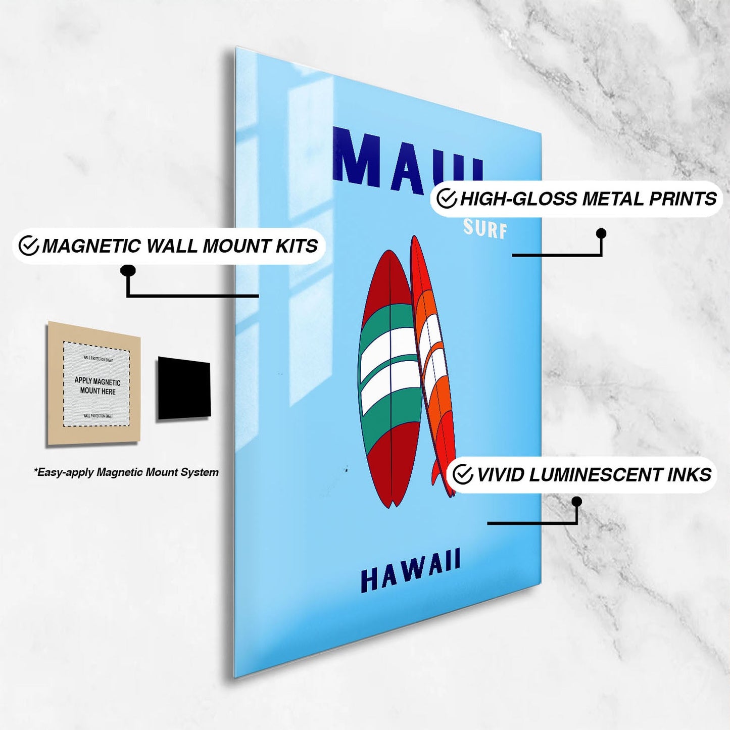 Wes Co Gallery Metal Poster Maui Surfboard Hawaii Colorful Travel 24" x 36" Home Goods - Travel Illustrations Edge to edge Metal Art Print