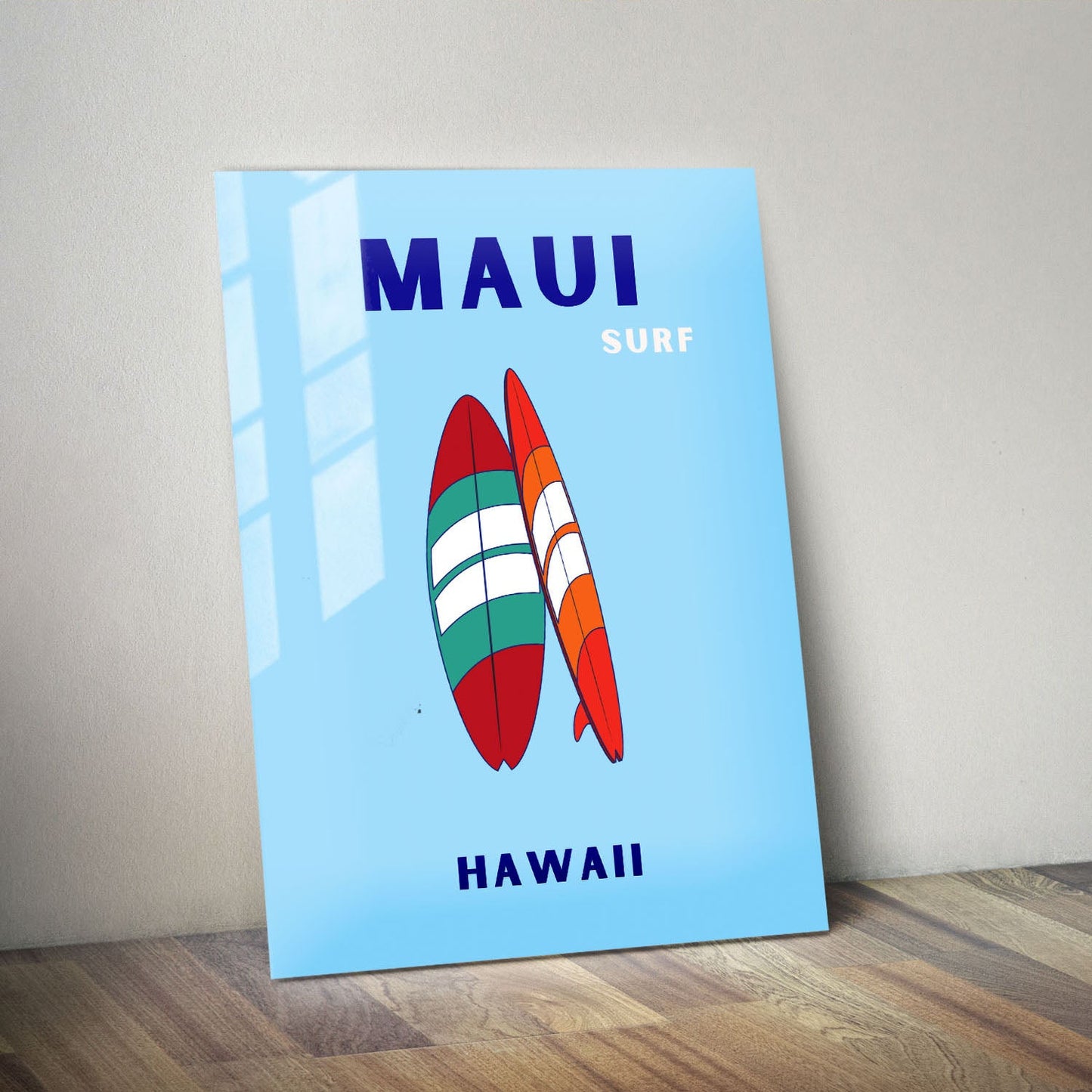 Wes Co Gallery Metal Poster Maui Surfboard Hawaii Colorful Travel 11" x 14" Home Goods - Travel Illustrations Edge to edge Metal Art Print