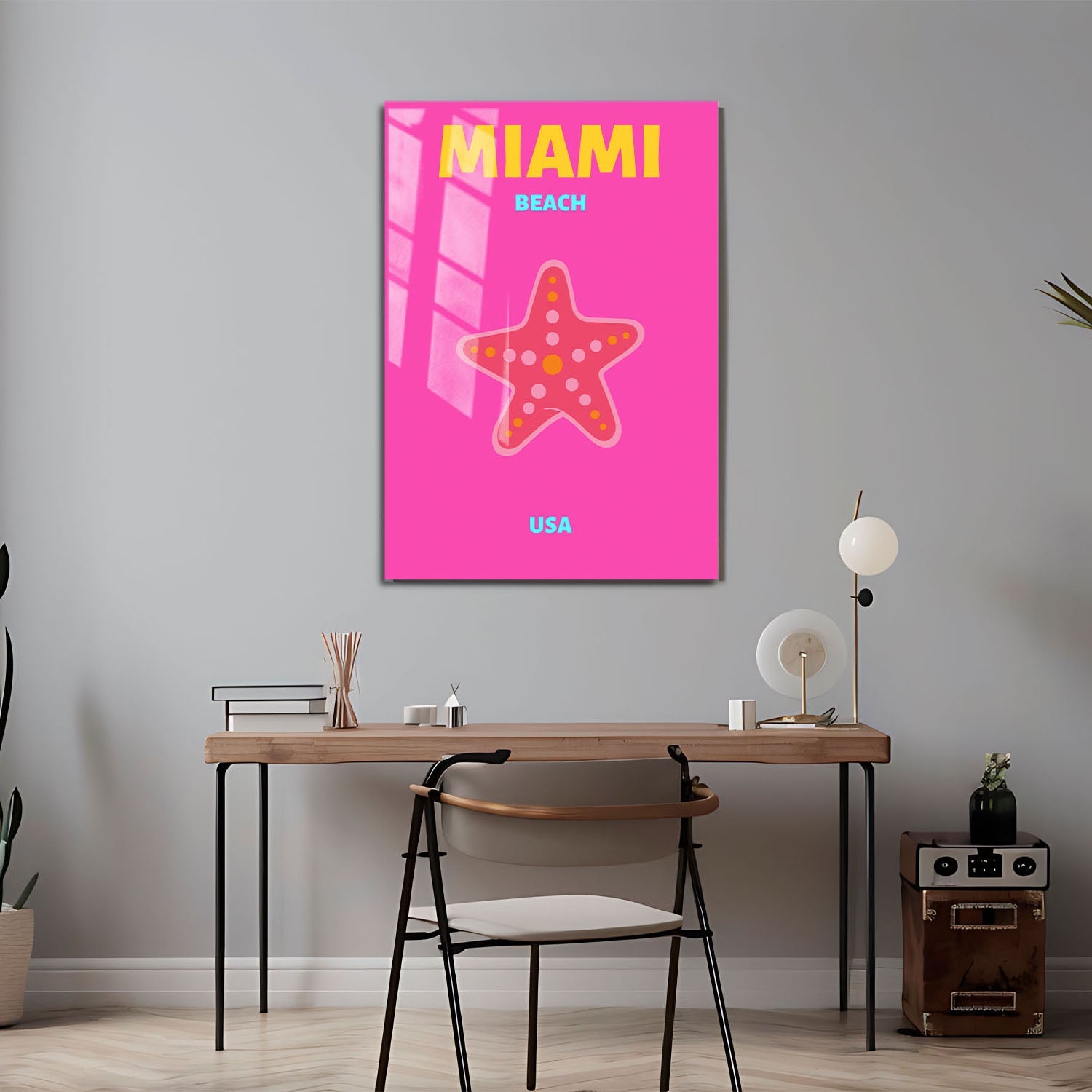 Wes Co Gallery Metal Poster Miami Beach USA Pink Colorful Travel 24" x 36" Home Goods - Travel Illustrations Edge to edge Metal Art Print