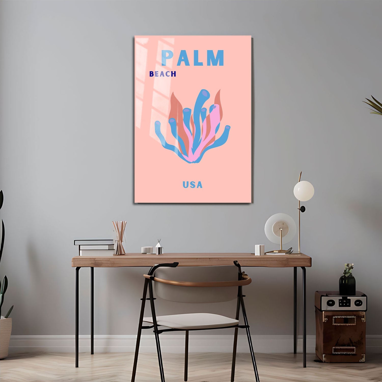 Wes Co Gallery Metal Poster Palm Beach Pink USA Colorful Travel 24" x 36" Home Goods - Travel Illustrations Edge to edge Metal Art Print