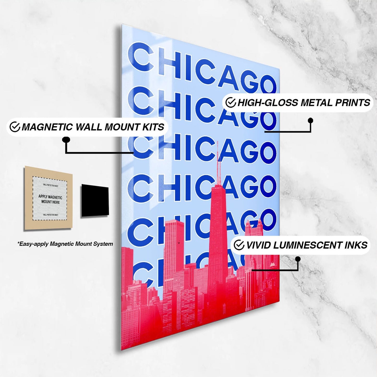 Wes Co Gallery Metal Poster Chicago City Colorful Travel 24" x 36" Home Goods - Travel Illustrations Edge to edge Metal Art Print