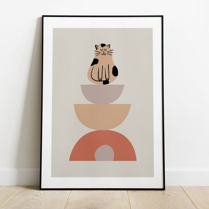 Wes Co Gallery Poster Minimalist Cat and Bowls Poster 8 x 10" Home Goods - Coffee  Art Print