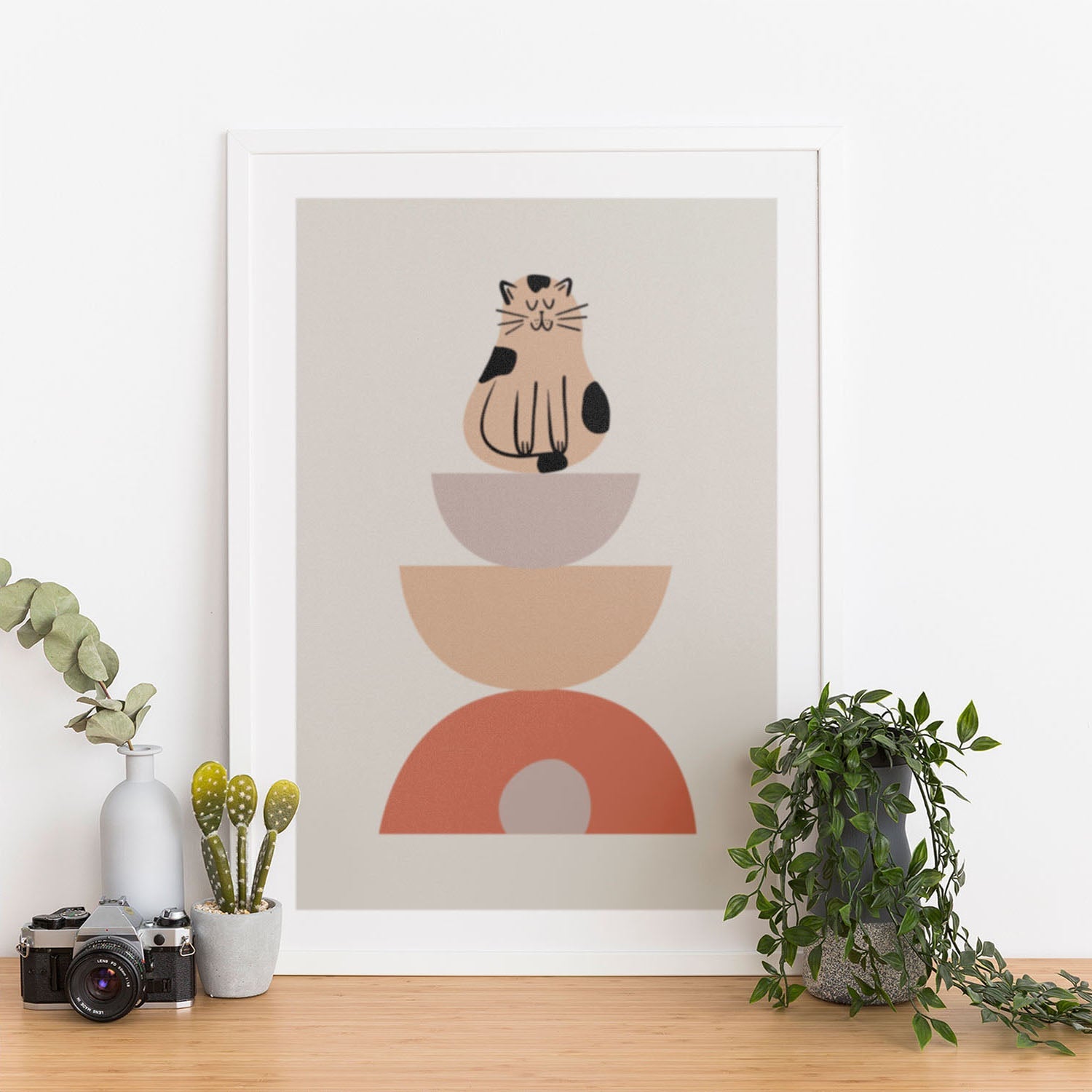 Wes Co Gallery Poster Minimalist Cat and Bowls Poster 12 x 16" Home Goods - Coffee  Art Print