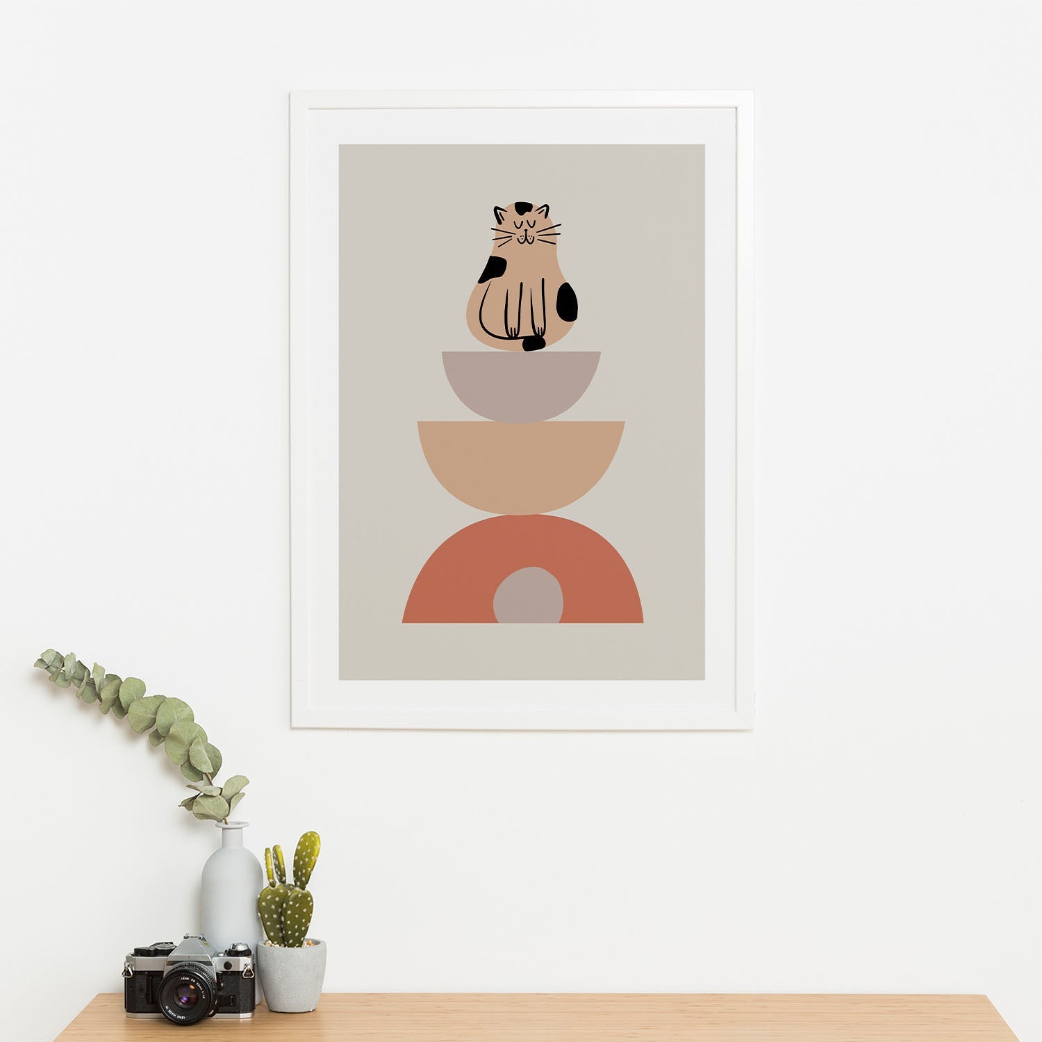 Wes Co Gallery Poster Minimalist Cat and Bowls Poster 16 x 20" Home Goods - Coffee  Art Print