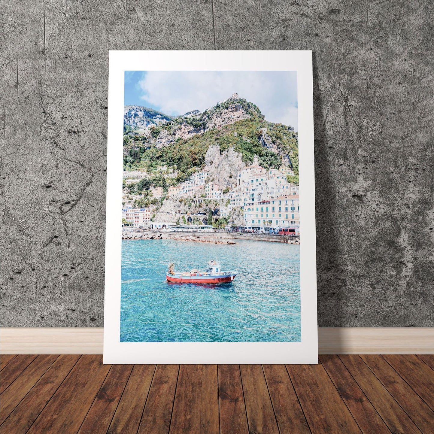 Wes Co Gallery Poster Coastal Village with Red Boat 8 x 10" Home Goods - Nature  Art Print