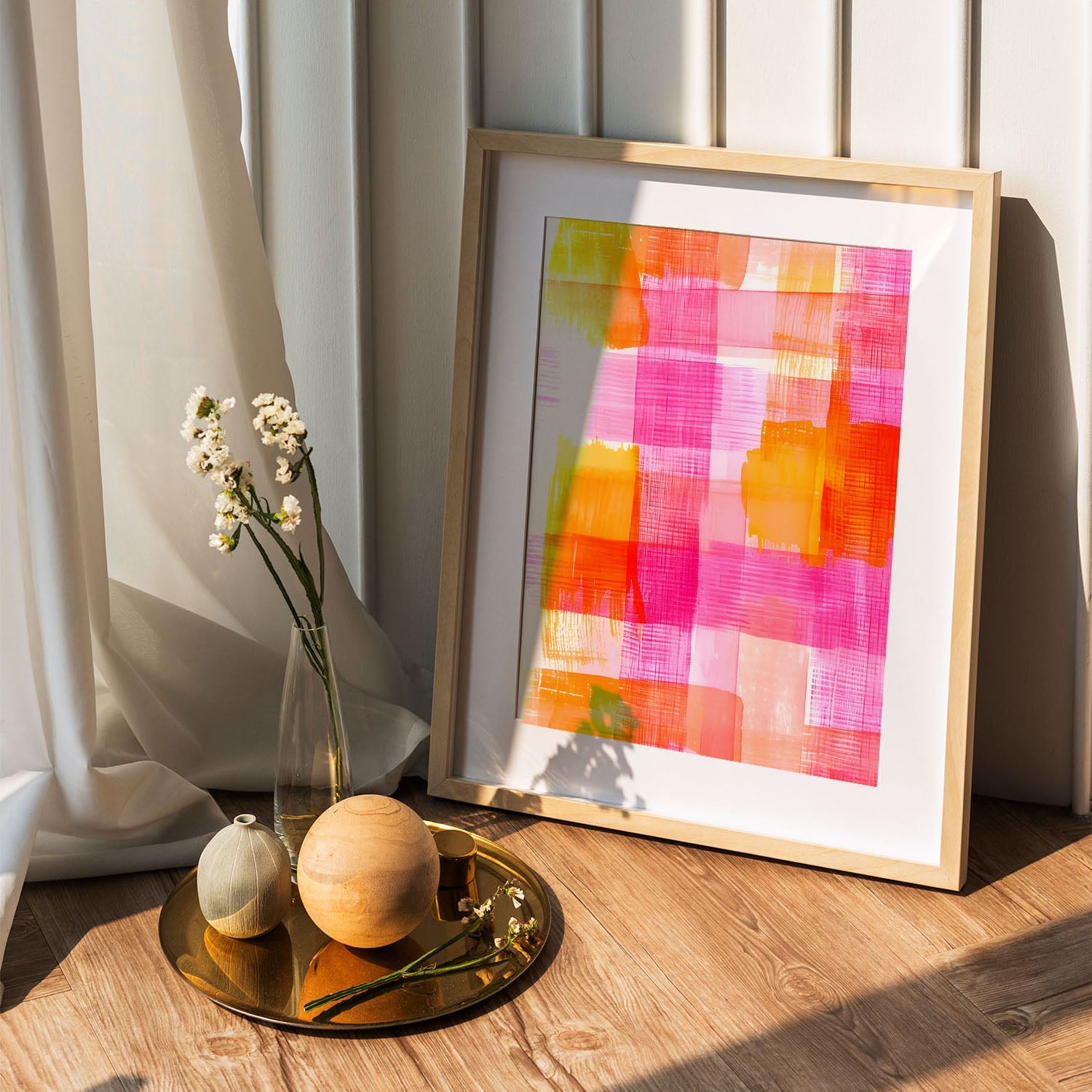 Wes Co Gallery Poster Pink Orange Abstract Checkered Pattern 5 x 7" Home Goods - Preppy Border or edge to edge Art Print