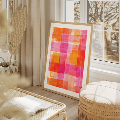 Wes Co Gallery Poster Pink Orange Abstract Checkered Pattern 8 x 10" Home Goods - Preppy Border or edge to edge Art Print