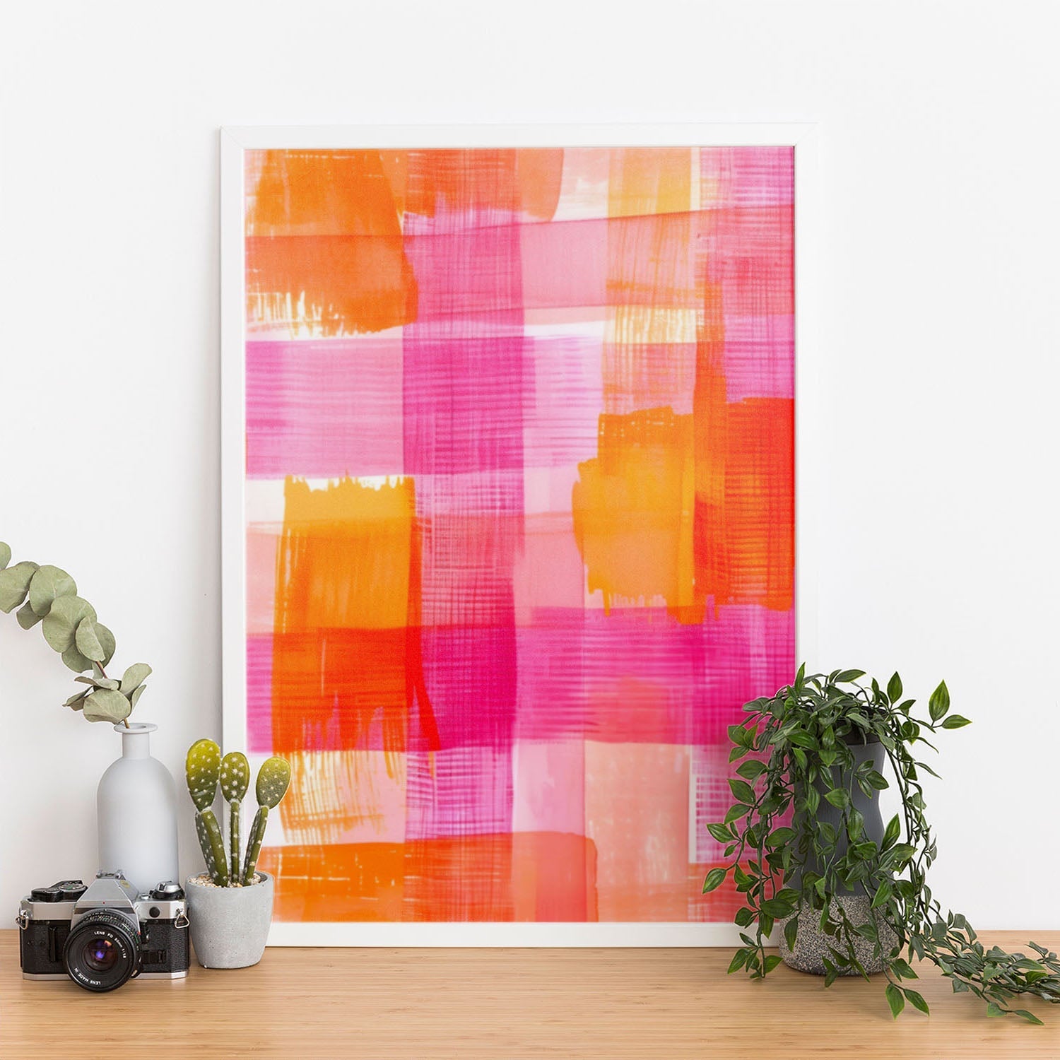 Wes Co Gallery Poster Pink Orange Abstract Checkered Pattern 11 x 17" Home Goods - Preppy Border or edge to edge Art Print