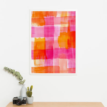 Wes Co Gallery Poster Pink Orange Abstract Checkered Pattern 11 x 17" Home Goods - Preppy Border or edge to edge Art Print