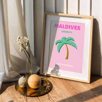 Wes Co Gallery Poster Maldives Pink Colorful Travel 5 x 7" Home Goods - Travel Illustrations Edge to edge Art Print