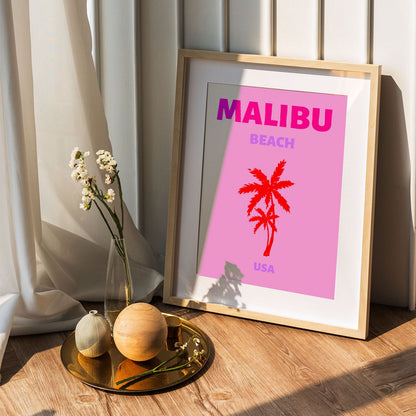 Wes Co Gallery Poster Malibu Beach USA Colorful Travel 5 x 7" Home Goods - Travel Illustrations Edge to edge Art Print