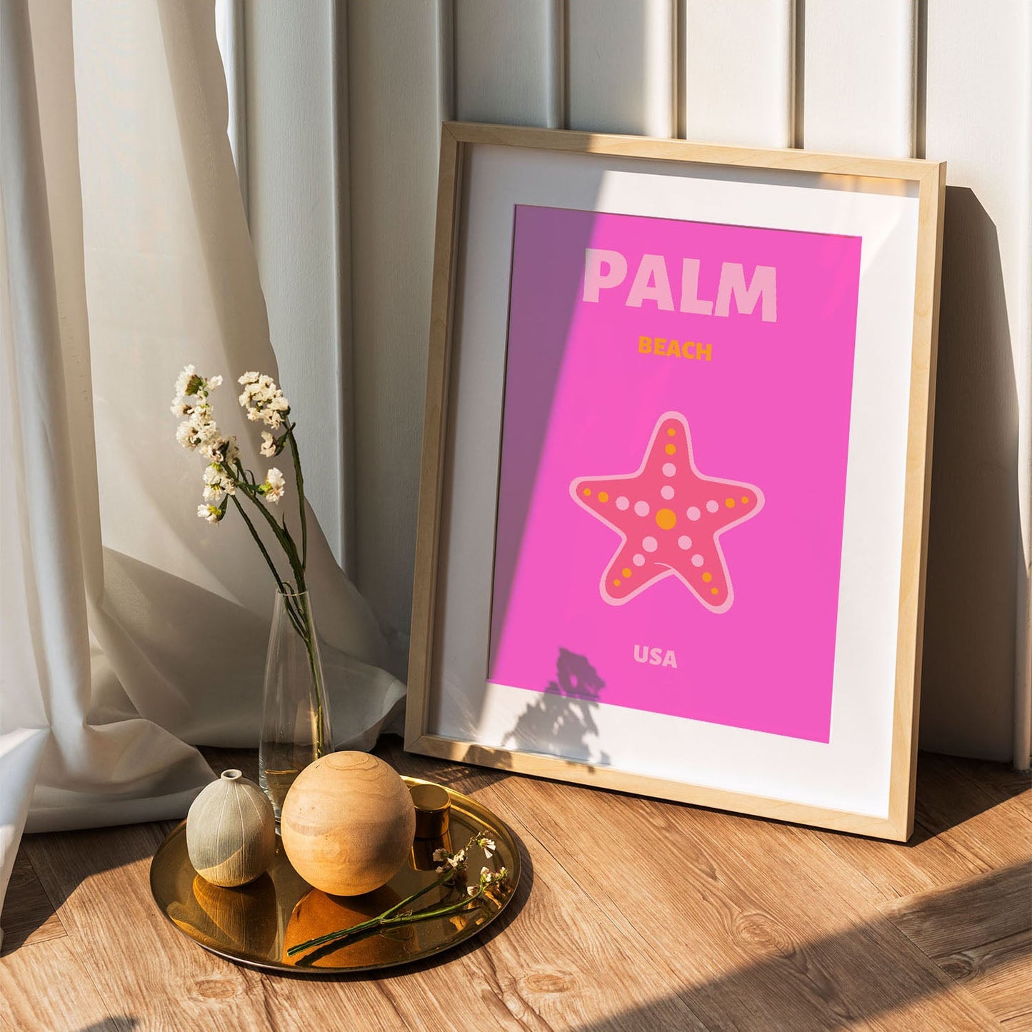 Wes Co Gallery Poster Palm Beach Starfish USA Colorful Travel 5 x 7" Home Goods - Travel Illustrations Edge to edge Art Print